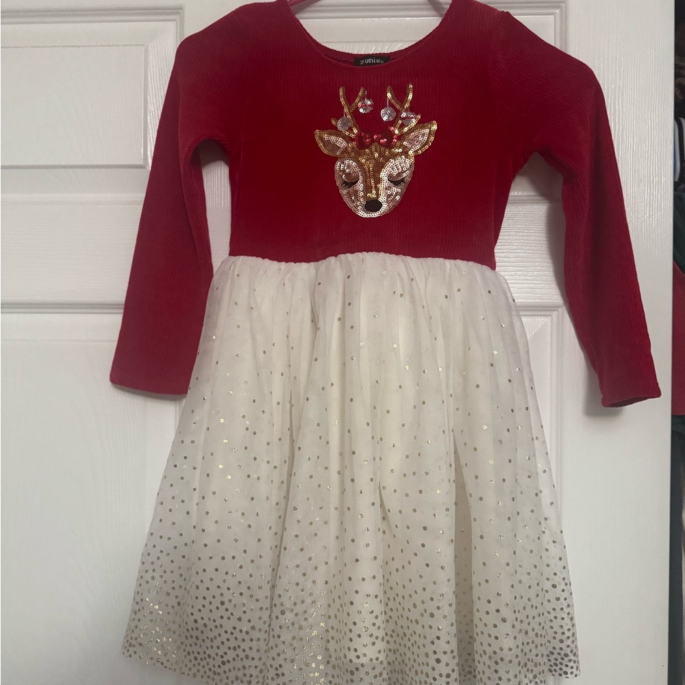 Red and White Christmas Dress with Reindeer Design